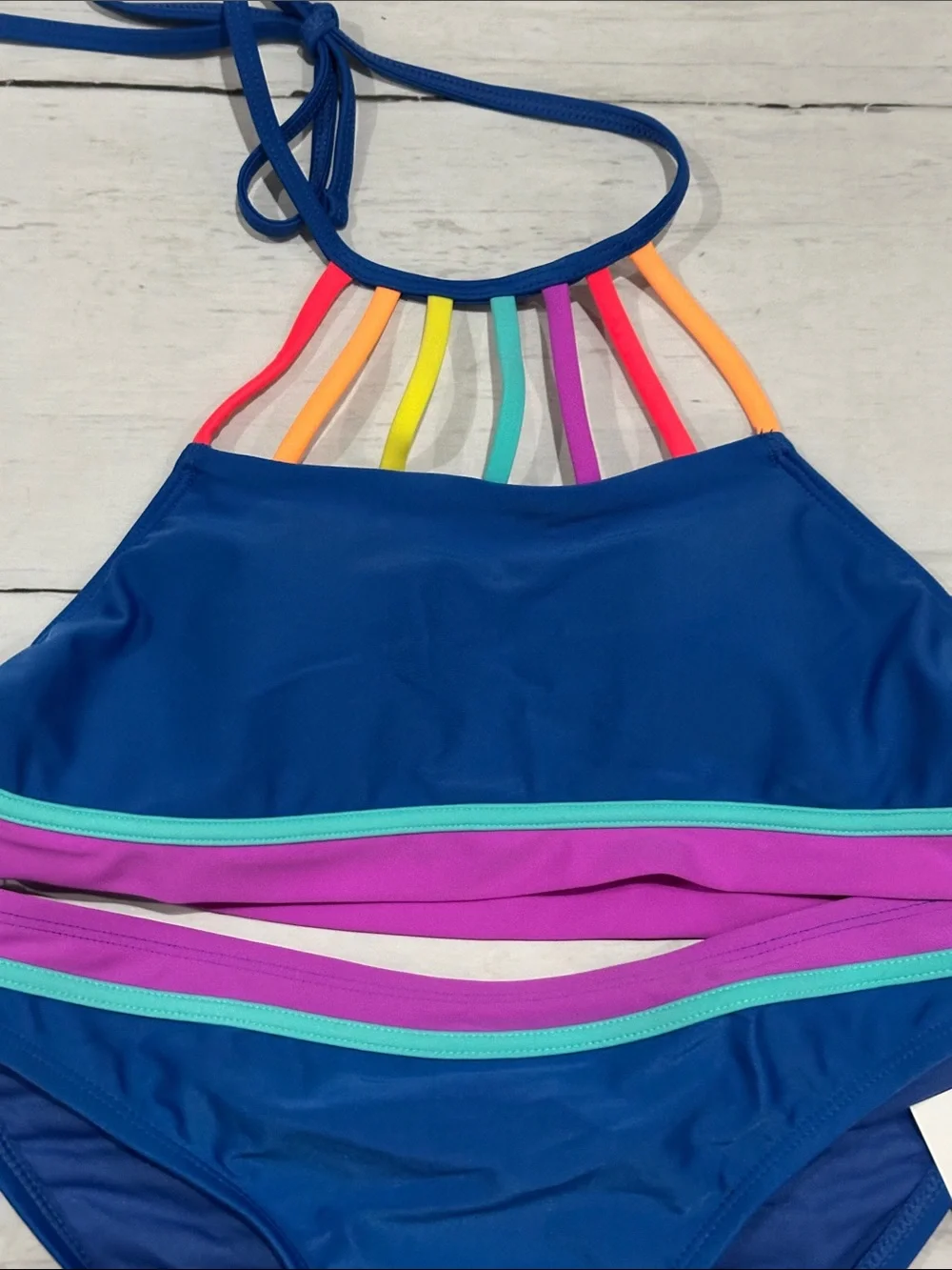 Hobie Blue High-Neck Bikini with Rainbow Strap Accents size 14 2 piece